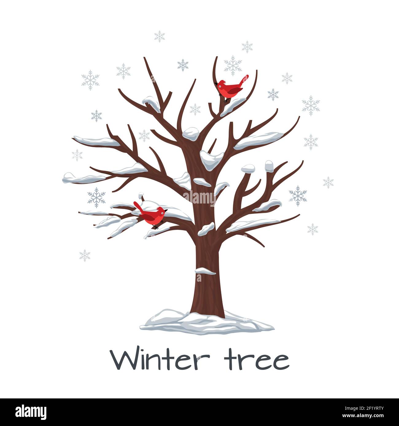 Winterbaum mit Vögeln. Jahreszeit Natur, Schnee auf Holz, Schneeflocke und Pflanze, Vektor-Illustration Stock Vektor