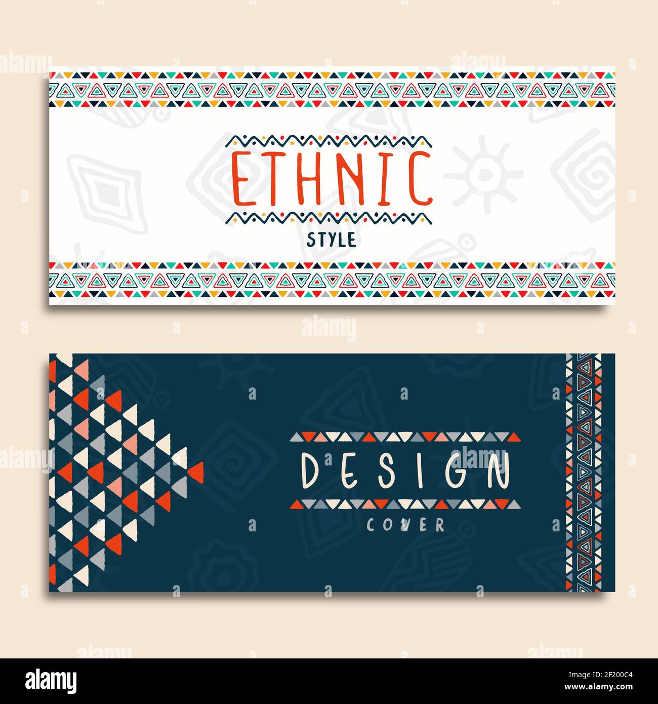 Ethnische Kunst Stil Banner Illustration Set. Abstrakte Tribal Dekoration, geometrische Form Doodle Template-Kollektion für Mode-Präsentation oder afrikanische c Stock Vektor
