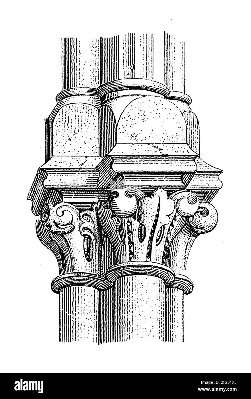 Aus dem 19. Jahrhundert stammende Illustration der wichtigsten Säulendetails aus dem Baptisterium der Basilika St. Gereon. Veröffentlicht in Systematic Bilder-Atlas Stockfoto