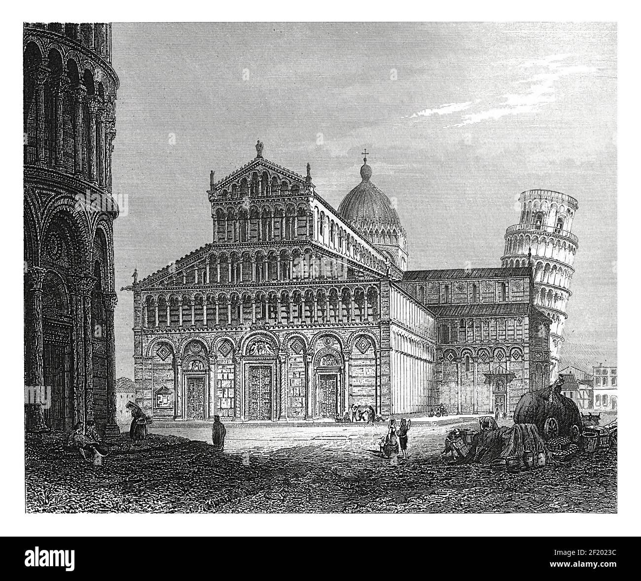 Antike Gravur der Kathedrale und schiefen Turm von Pisa. Veröffentlicht in Systematischer Bilder-Atlas zum Conversations-Lexikon, Ikonographische Ency Stockfoto