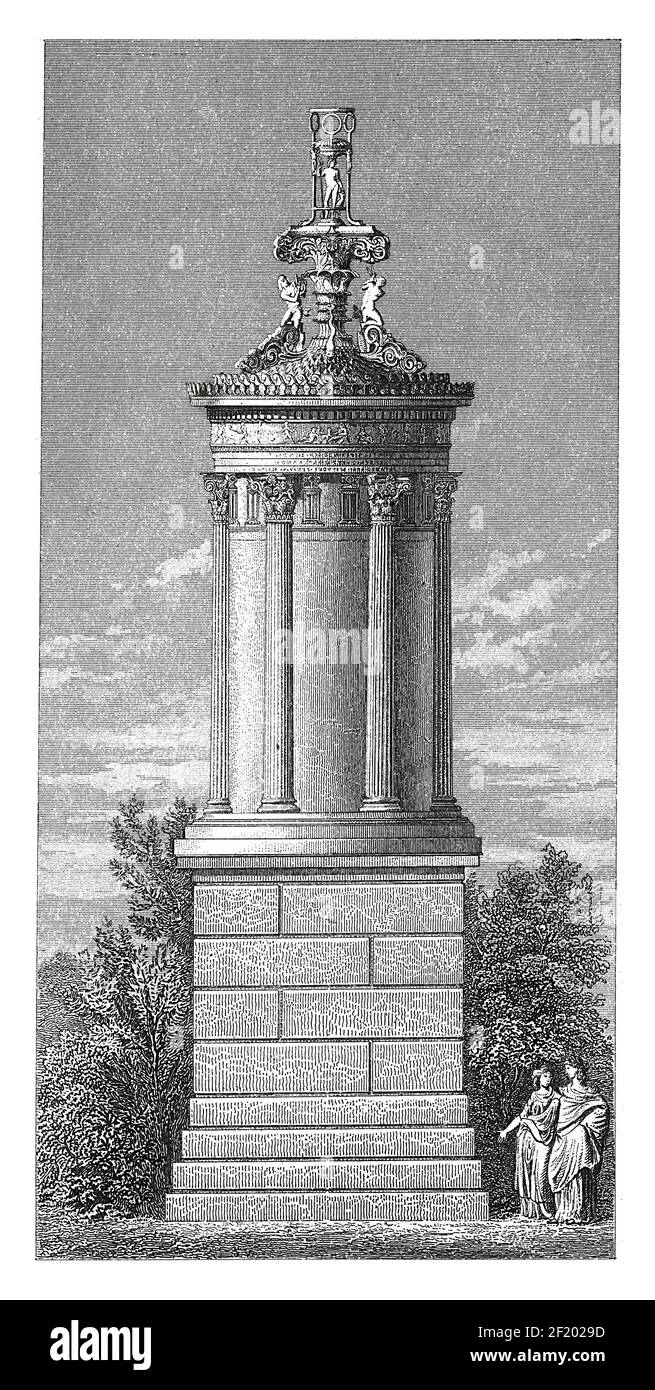 Stich des choragischen Denkmals von Lysicrates in Athen aus dem 19. Jahrhundert. Veröffentlicht in Systematischer Bilder-Atlas zum Conversations-Lexikon, Ikonograp Stockfoto