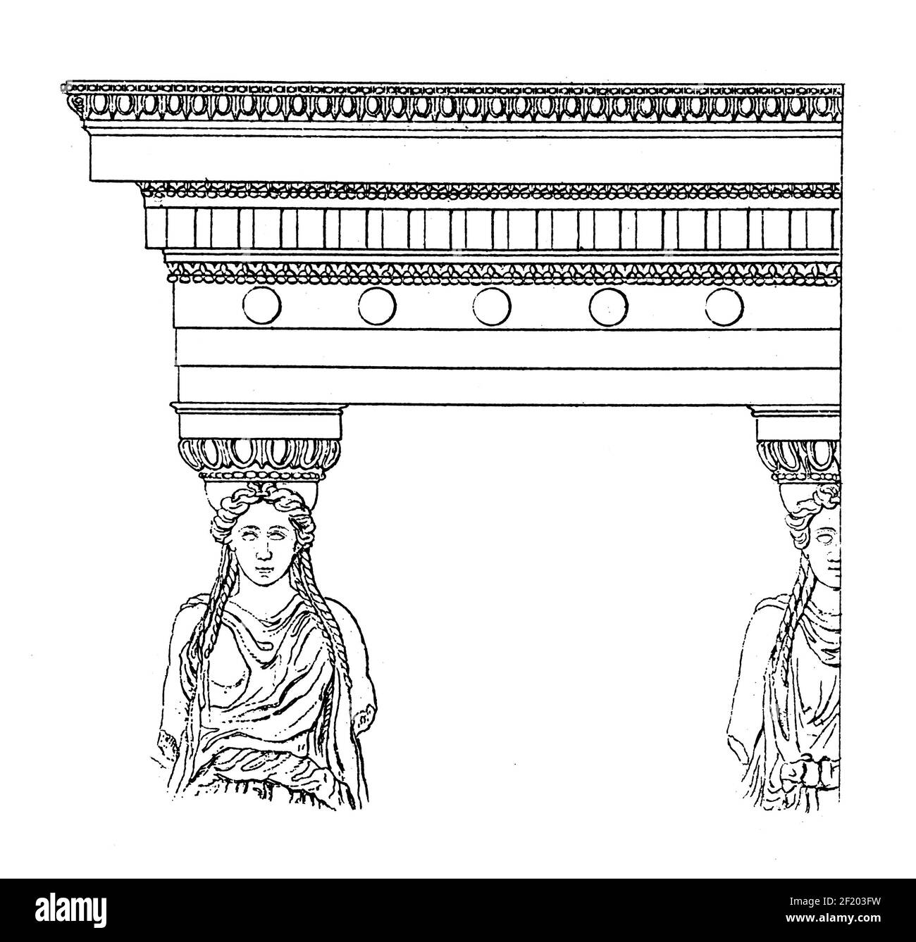 Antike Gravur einer Entablatur aus Pandroseion in Athen. Veröffentlicht in Systematischer Bilder-Atlas zum Conversations-Lexikon, Ikonographische en Stockfoto Antike Gravur einer Entablatur aus Pandroseion in Athen. Veröffentlicht in Systematischer Bilder-Atlas zum Conversations-Lexikon, Ikonographische en Stockfoto