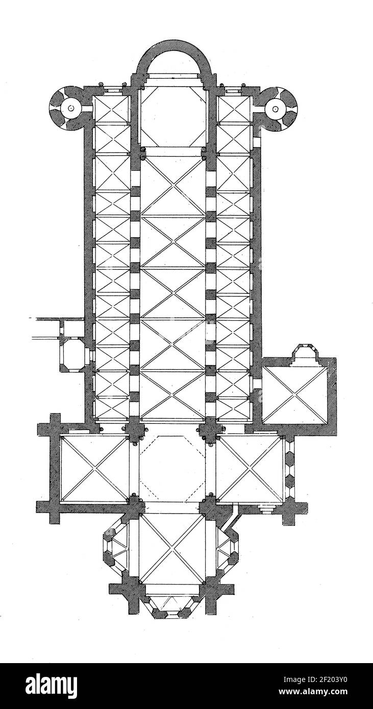 Antike Gravur des Grundrisses des Mainzer Doms. Veröffentlicht in Systematischer Bilder-Atlas zum Conversations-Lexikon, Ikonographische Encyklopedie Stockfoto