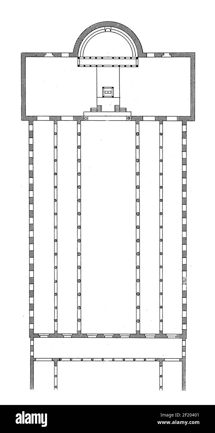 Antike Gravur des Grundrisses der Basilika St. Paul vor den Mauern in Rom aus dem 19. Jahrhundert. Veröffentlicht in Systematischer Bilder-Atlas zum Con Stockfoto