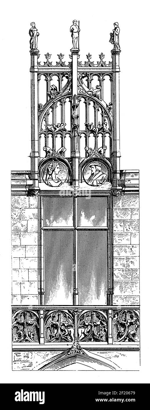 Antike Abbildung des Fensters vom Hotel de la Tremoille in Paris, Frankreich. Veröffentlicht in Systematischer Bilder-Atlas zum Conversations-Lexikon, Ikonog Stockfoto