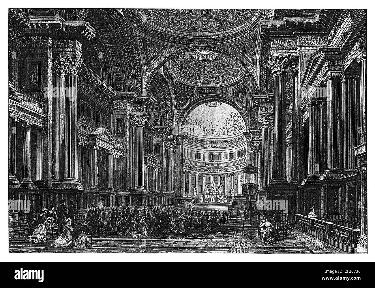 Antike 19th-Jahrhundert-Illustration des Innenraums von Eglise de la Madeleine in Paris, Frankreich. Veröffentlicht in Systematischer Bilder-Atlas zum Conversations-L Stockfoto
