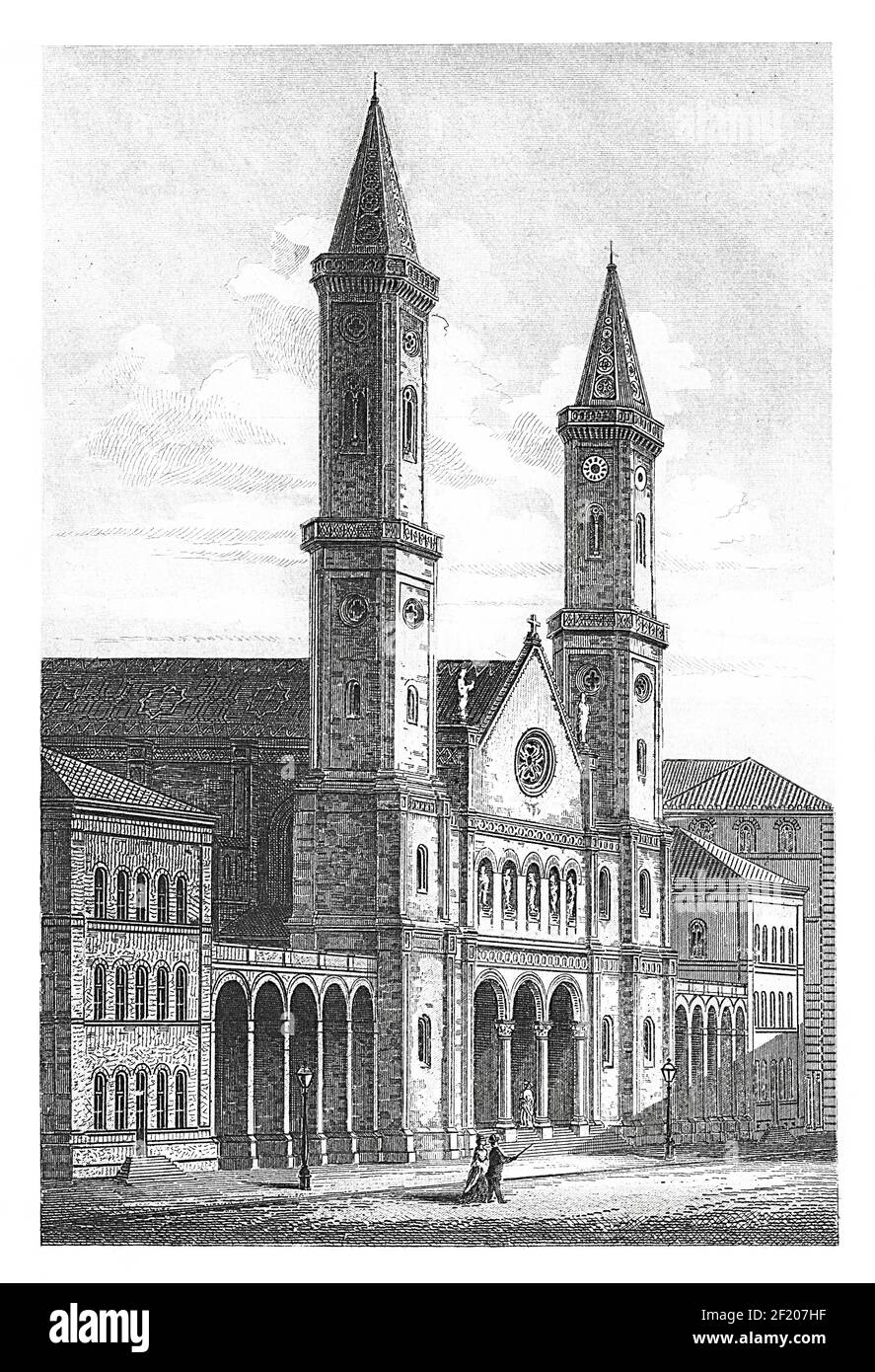 Antike Illustration der Ludwigskirche in München. Veröffentlicht in Systematischer Bilder-Atlas zum Conversations-Lexikon, Ikonographische Encyklop Stockfoto