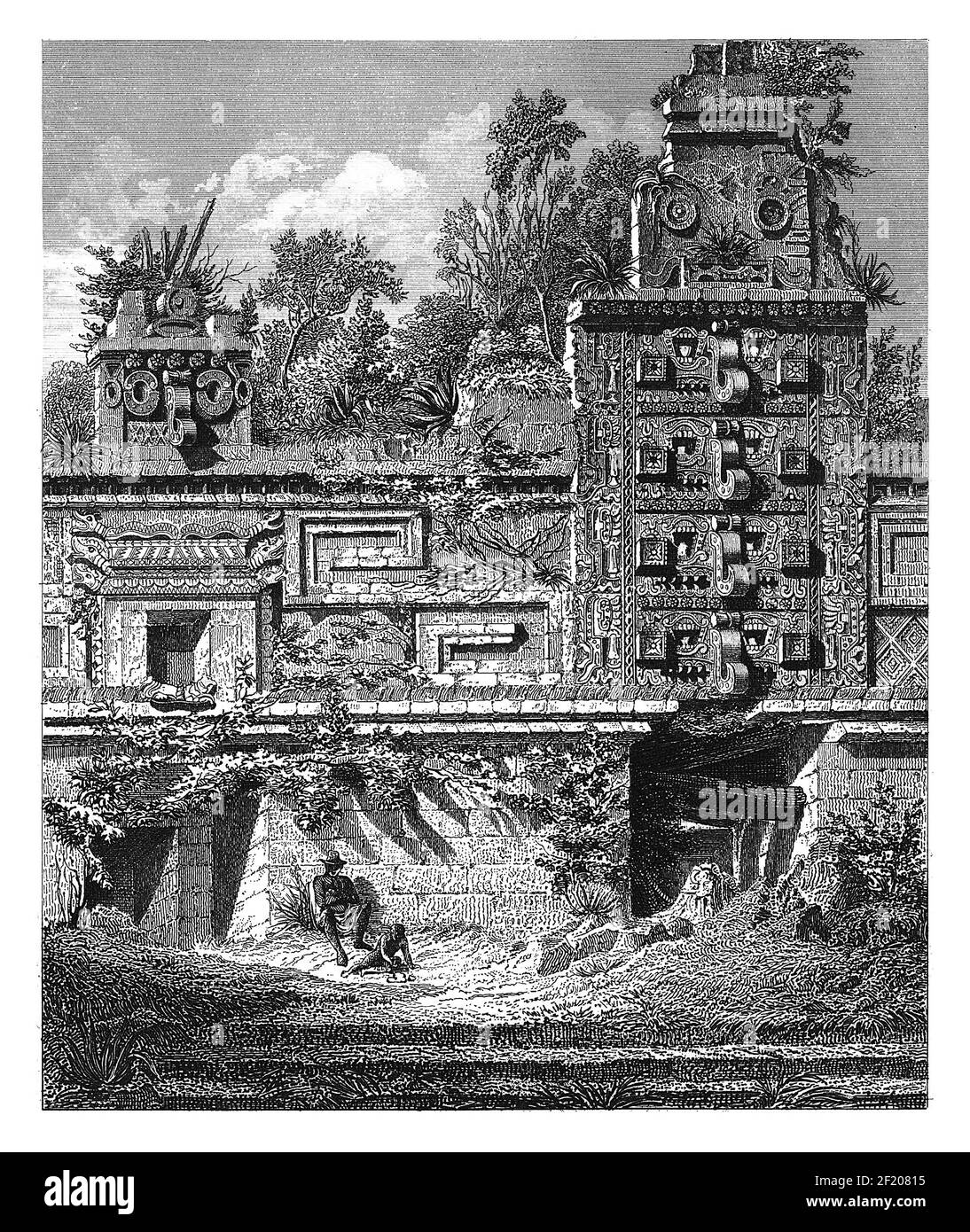 Antike 19th-Jahrhundert-Gravur des Palastes in Uxmal. Veröffentlicht in Systematischer Bilder-Atlas zum Conversations-Lexikon, Ikonographische Encyklopedie d Stockfoto