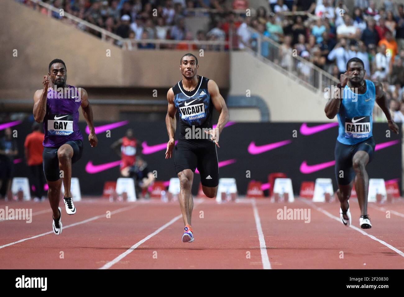 Tyson Gay of United States, Jimmy Vicaut von Frankreich und Justin Gatlin von USA konkurrieren in 100m Männern während der Internationalen Leichtathletik-Meeting Herculis, IAAF Diamond League, Monaco am 17. Juli 2015 im Louis II Stadion in Monaco, Frankreich - Foto Jean-Marie Hervio / KMSP / DPPI Stockfoto