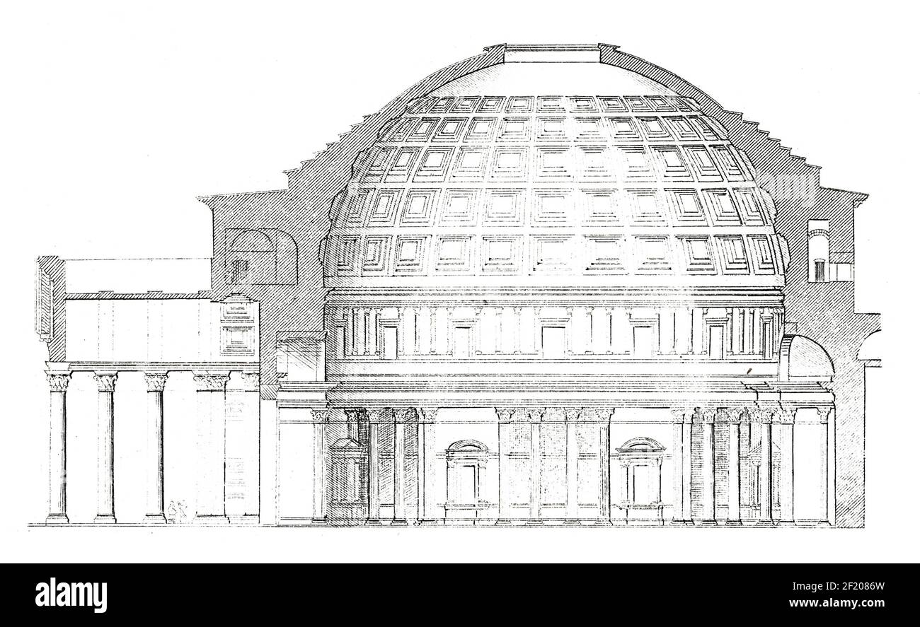 Antiker Stich des Pantheons in Rom. Veröffentlicht in Systematischer Bilder-Atlas zum Conversations-Lexikon, Ikonographische Enzyklopädie der Wisse Stockfoto