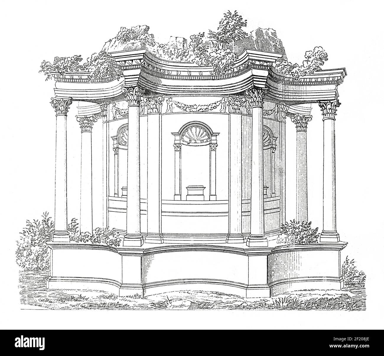 Antike Illustration des römischen Tempels in Baalbek. Veröffentlicht in Systematischer Bilder-Atlas zum Conversations-Lexikon, Ikonographische Enzyklopädie der Stockfoto