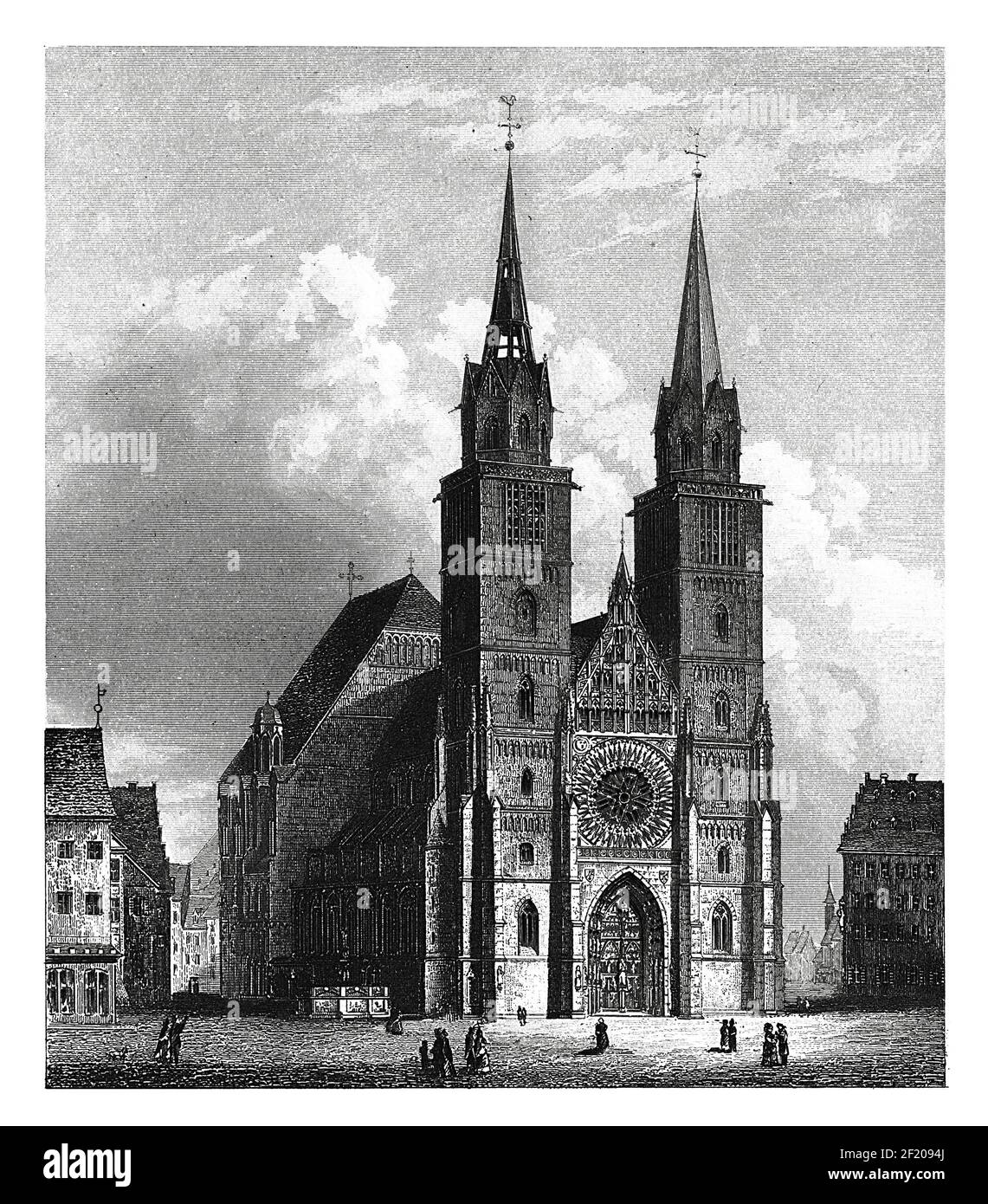 19th-Jahrhundert Stich der St. Lorenz Kirche in Nürnberg, Deutschland. Veröffentlicht in Systematischer Bilder-Atlas zum Conversations-Lexikon, Ikonographische Stockfoto