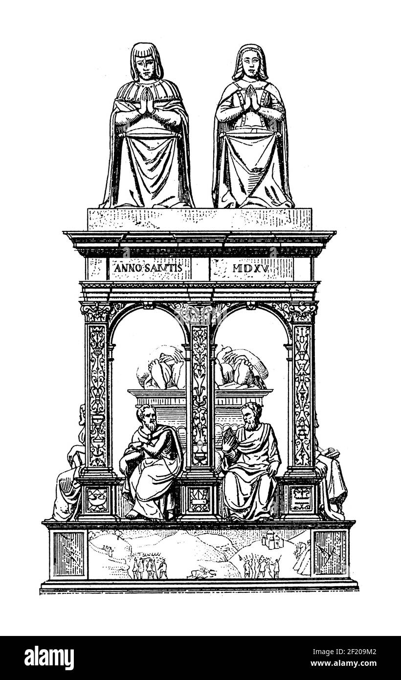 Antike 19th-Jahrhundert-Illustration des Grabes von Louis XII in der Basilika St. Denis in Paris, Frankreich. Veröffentlicht in Systematischer Bilder-Atlas zum Con Stockfoto