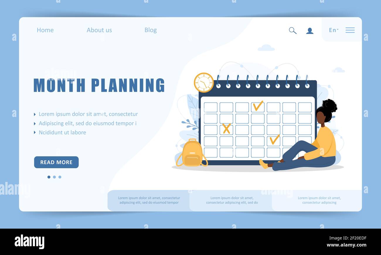 Monatsplanung oder To-Do-Listenkonzept. Vorlage für die Landing Page der Website. Afrikanische Frau, die in der Nähe des riesigen Kalenders sitzt. Aufgabenplanung, Arbeitsprozess Stock Vektor