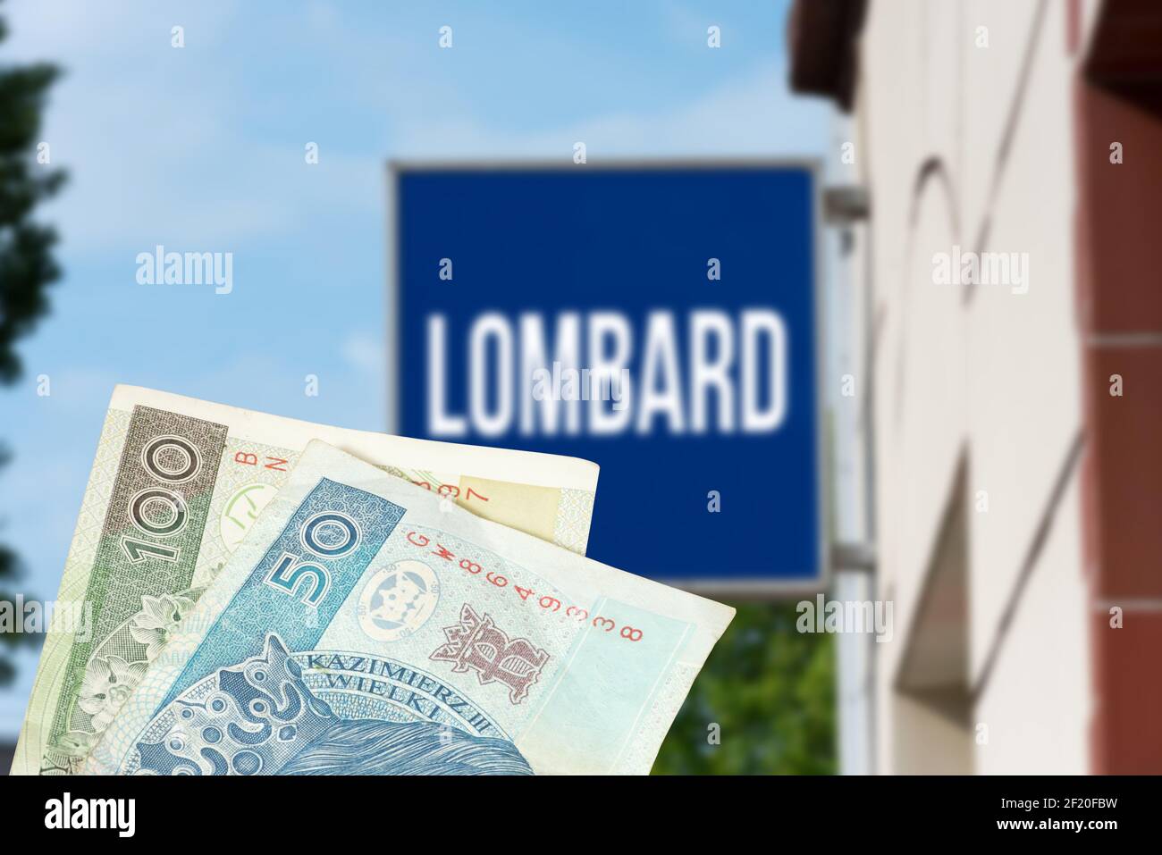 Ein Pfandhaus in Polen und Geld polnischer Zloty PLN Stockfoto