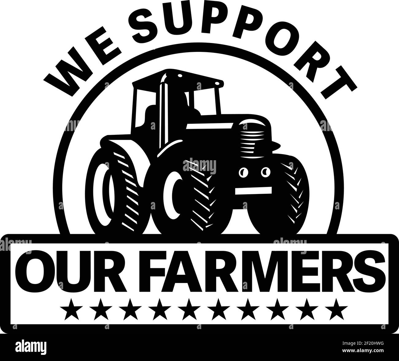 Retro-Stil Illustration von Bauernhof Traktor Pflügen Feld innerhalb Kreis mit Worten gesetzt Wir unterstützen unsere Landwirte auf isolierten Hintergrund im Retro-Stil getan. Stock Vektor