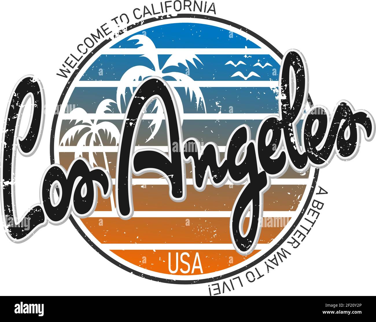 STADT LOS ANGELES KALIFORNIEN. Handgefertigte Palms Bäume Retro-Stil. Design Mode Bekleidung strukturierter Druck. T-Shirt Grafik Vintage Grunge Vektor Stock Vektor