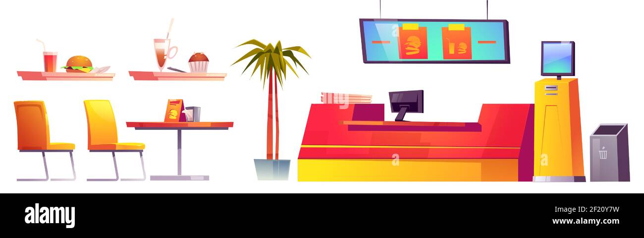 Food Court Inneneinrichtung und Sachen Tabletts mit Fastfood, Dessert und Getränke, Kassierer Schreibtisch, Bildschirm mit Promo-Video, Tische mit Servietten und Stühle, Abfalleimer, Cartoon-Vektor-Illustration, Set Stock Vektor