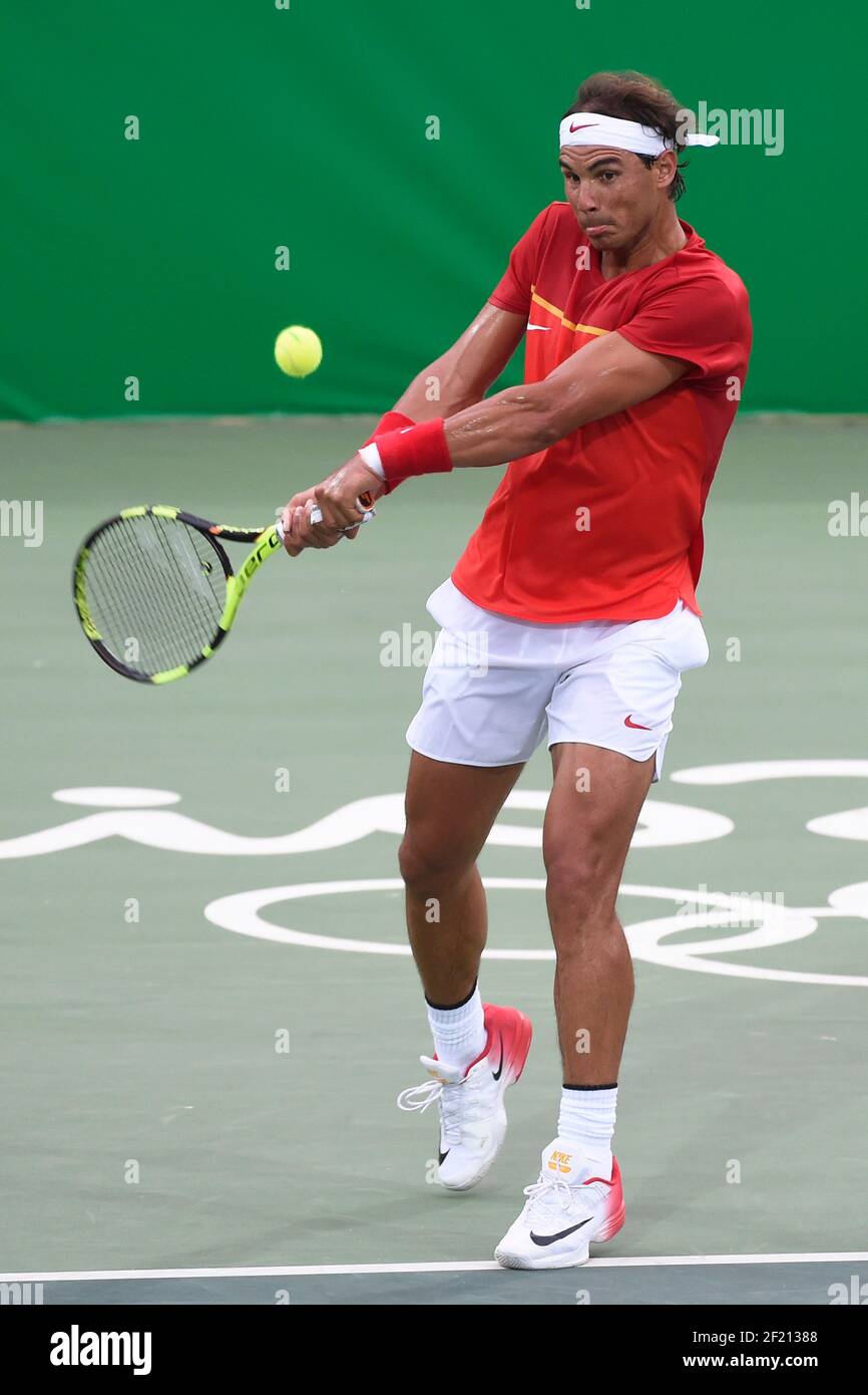 Rafael Nadal von Spanien in Aktion während seines Tennis Men's Single Match gegen Federico Delbonis von Argentinien während der Olympischen Spiele RIO 2016, Tennis, am 7. August 2016, in Rio, Brasilien - Foto Jean-Marie Hervio / KMSP / DPPI Stockfoto