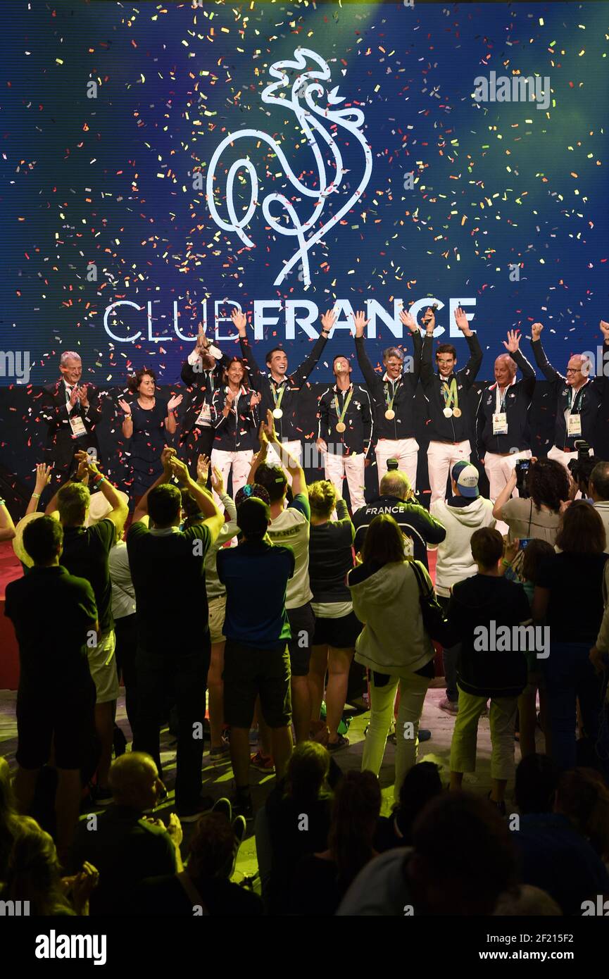 Französische Goldmedaillengewinner im Equestrian Eventing Team Mathieu Lemoine, Thibaut Vallette, Astier Nicolas, Karim Laghouag während der Medaillenparty im Club France, während der Olympischen Spiele RIO 2016, am 9. August 2016, in Rio, Brasilien - Foto Philippe Millereau / KMSP / DPPI Stockfoto