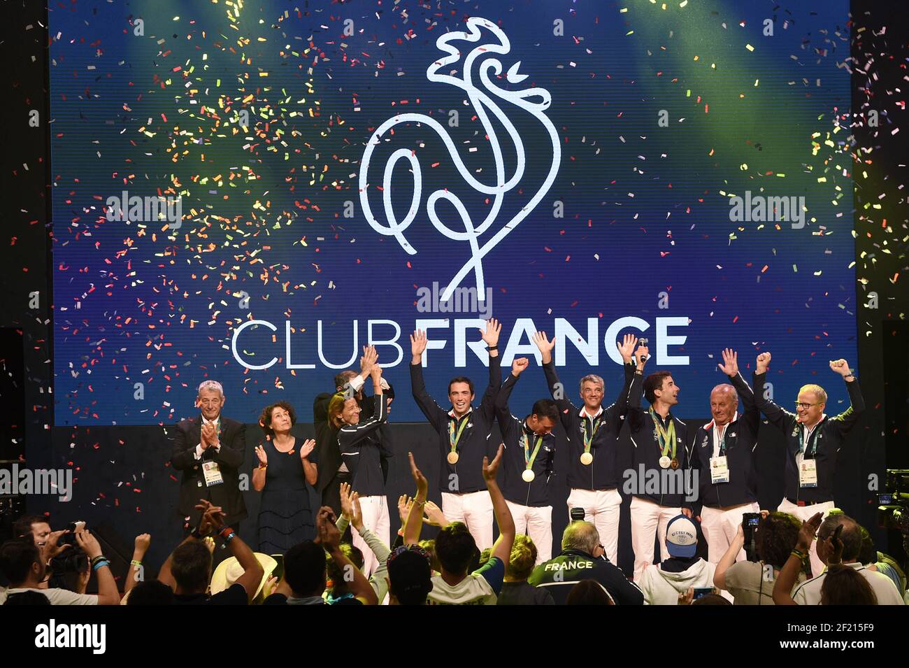 Französische Goldmedaillengewinner im Equestrian Eventing Team Mathieu Lemoine, Thibaut Vallette, Astier Nicolas, Karim Laghouag während der Medaillenparty im Club France, während der Olympischen Spiele RIO 2016, am 9. August 2016, in Rio, Brasilien - Foto Philippe Millereau / KMSP / DPPI Stockfoto