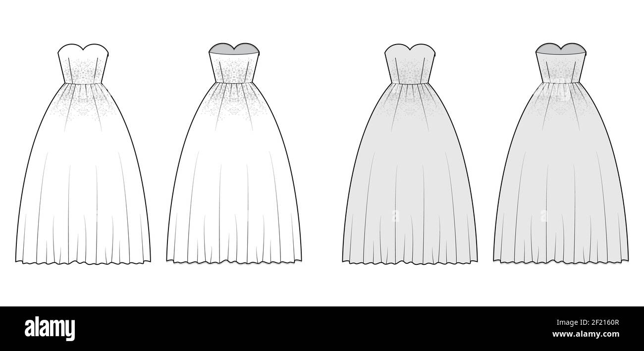 Crinoline Kleid technische Mode Illustration mit trägerlosen herzförmiger Ausschnitt, bodenlange, Rock, Verzierung Motiv. Vorne flach, hinten, weiß, grau. Frauen Männer Unisex CAD mockup Stock Vektor