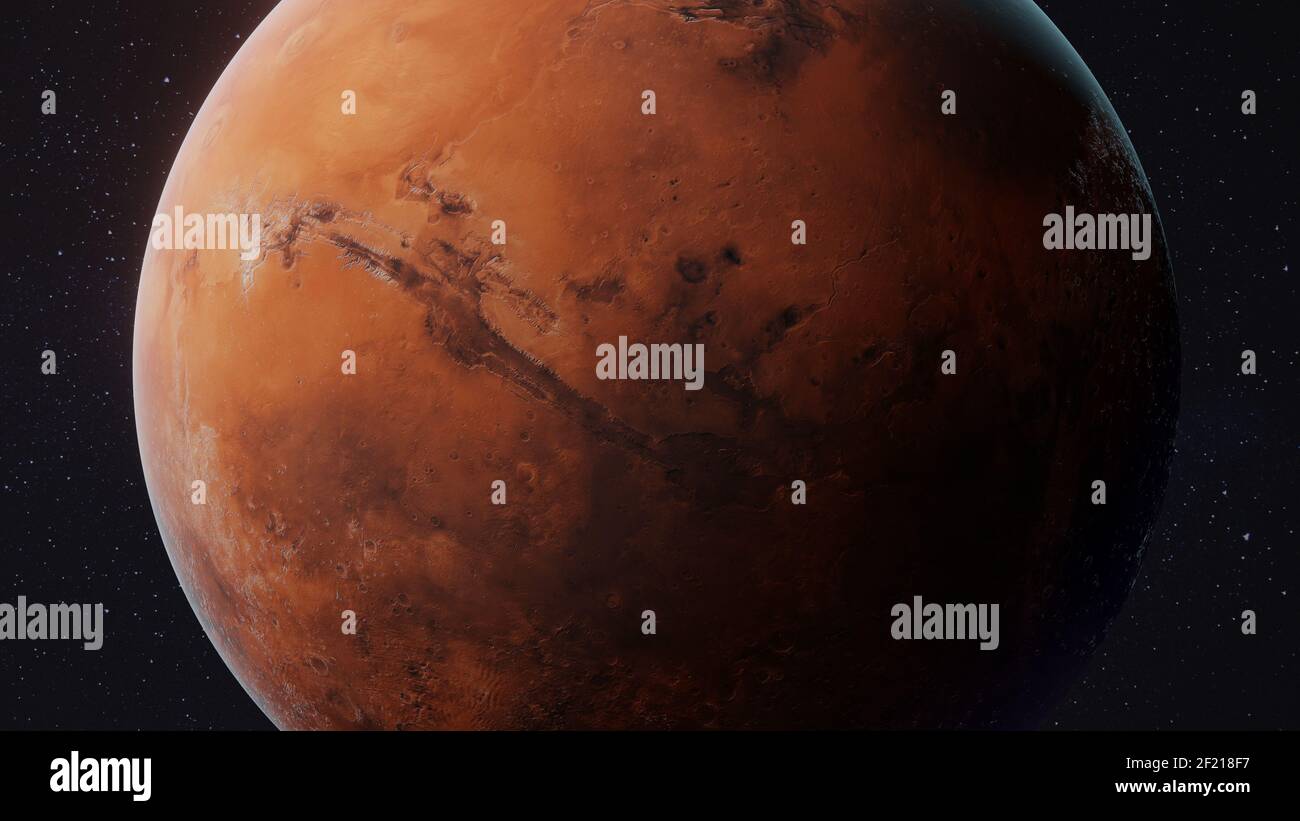 Mars roter Planet aus der Nähe zeigt Oberflächenmerkmale, 3D Rendering Wissenschaft Illustration Stockfoto