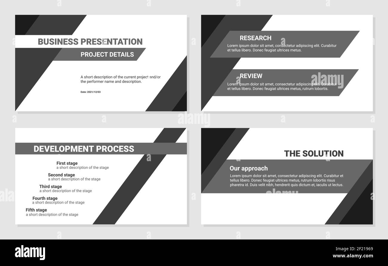 Designvorlage für Geschäftspräsentationen. Entwicklungsprozess, Lösung, Forschung und Überprüfung. Einfache flache schräge Linien, Dreiecke, schwarz-weiße Farbe Stock Vektor