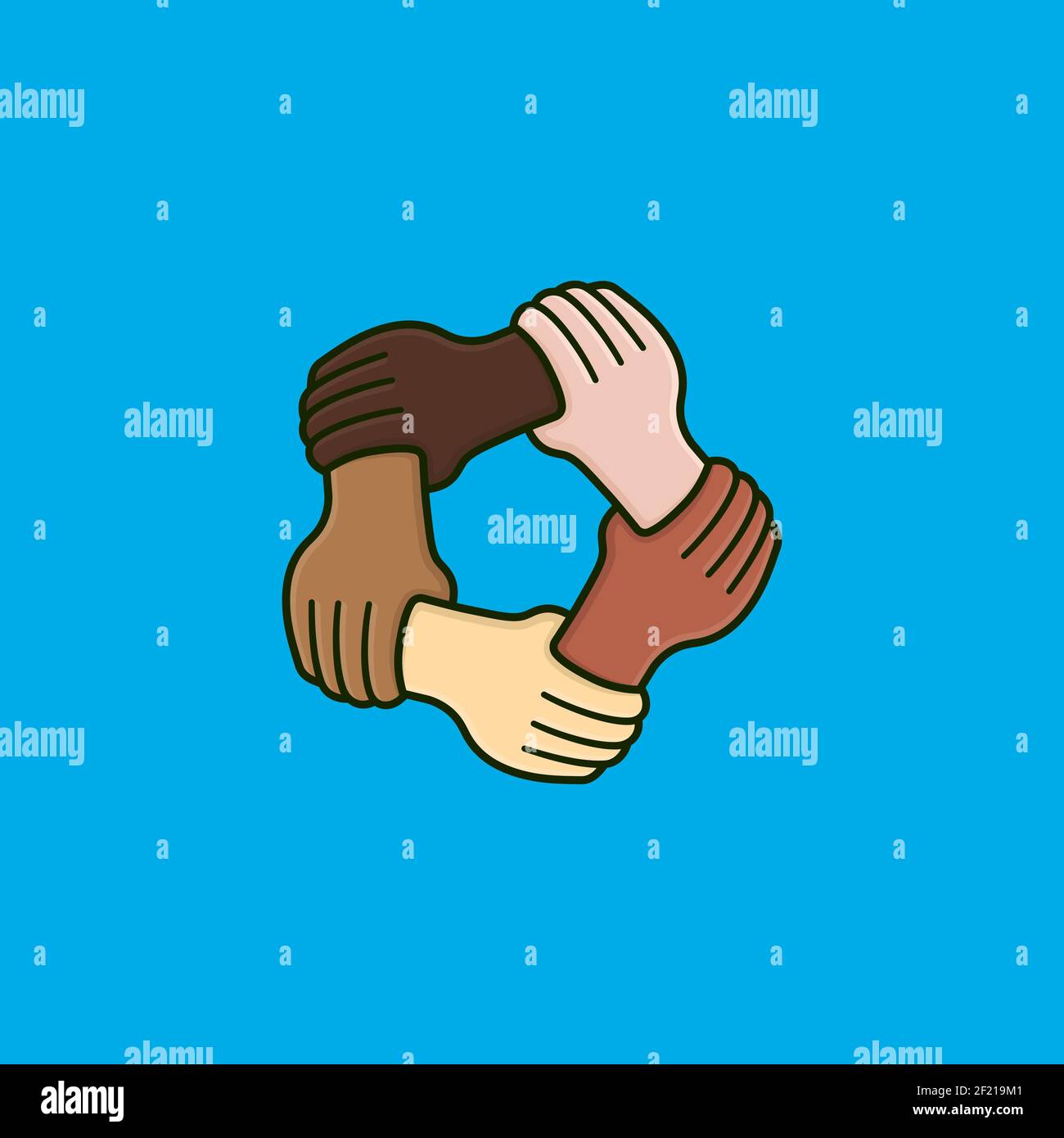 Fünf Hände mit unterschiedlichen Hautfarben halten sich gegenseitig am Handgelenk vektordarstellung für den multikulturellen Diversity Day am 18. Oktober Stock Vektor
