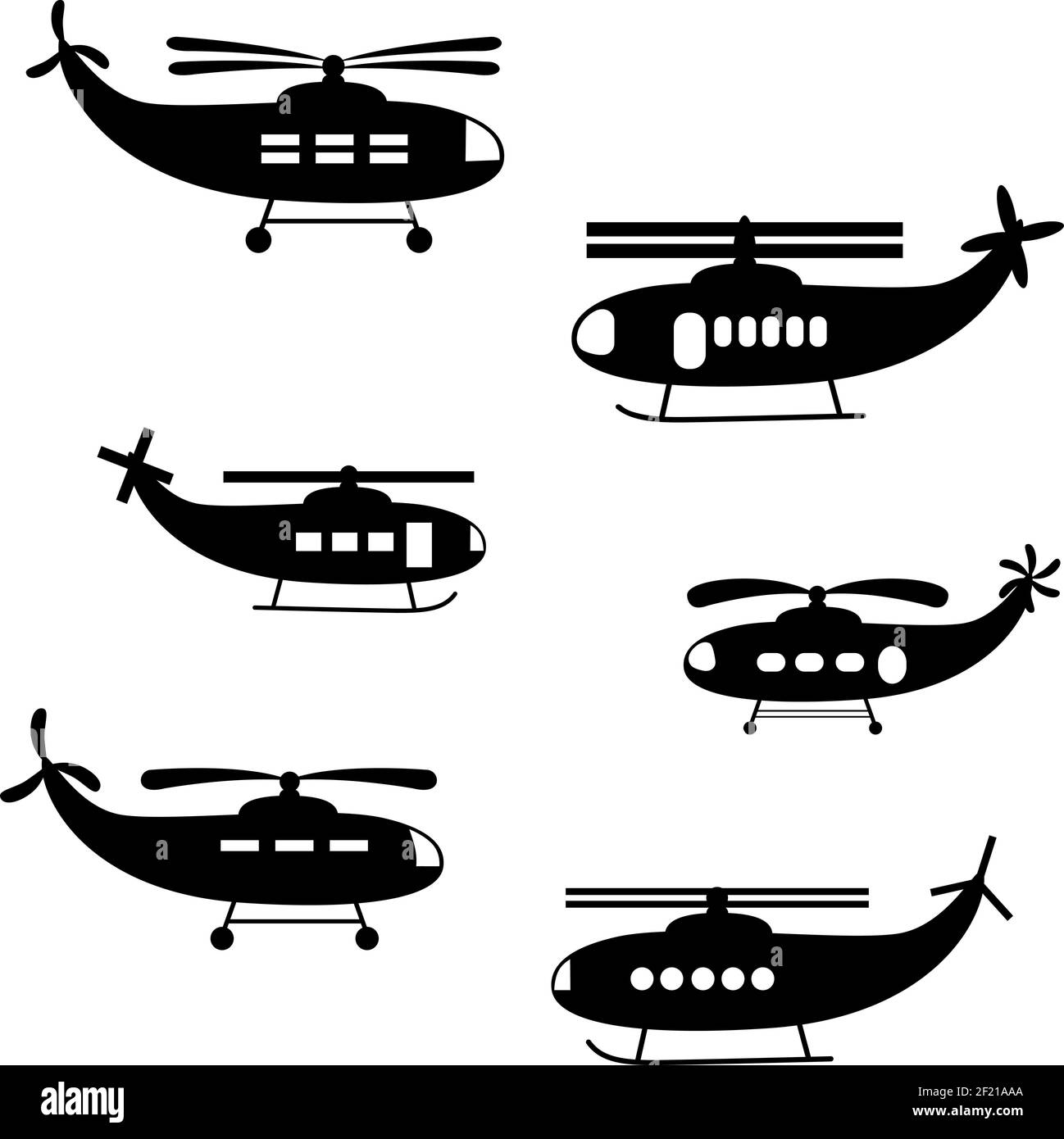 Set Hubschrauber schwarzen Silhouetten. 2D flacher Vektor Stock Vektor