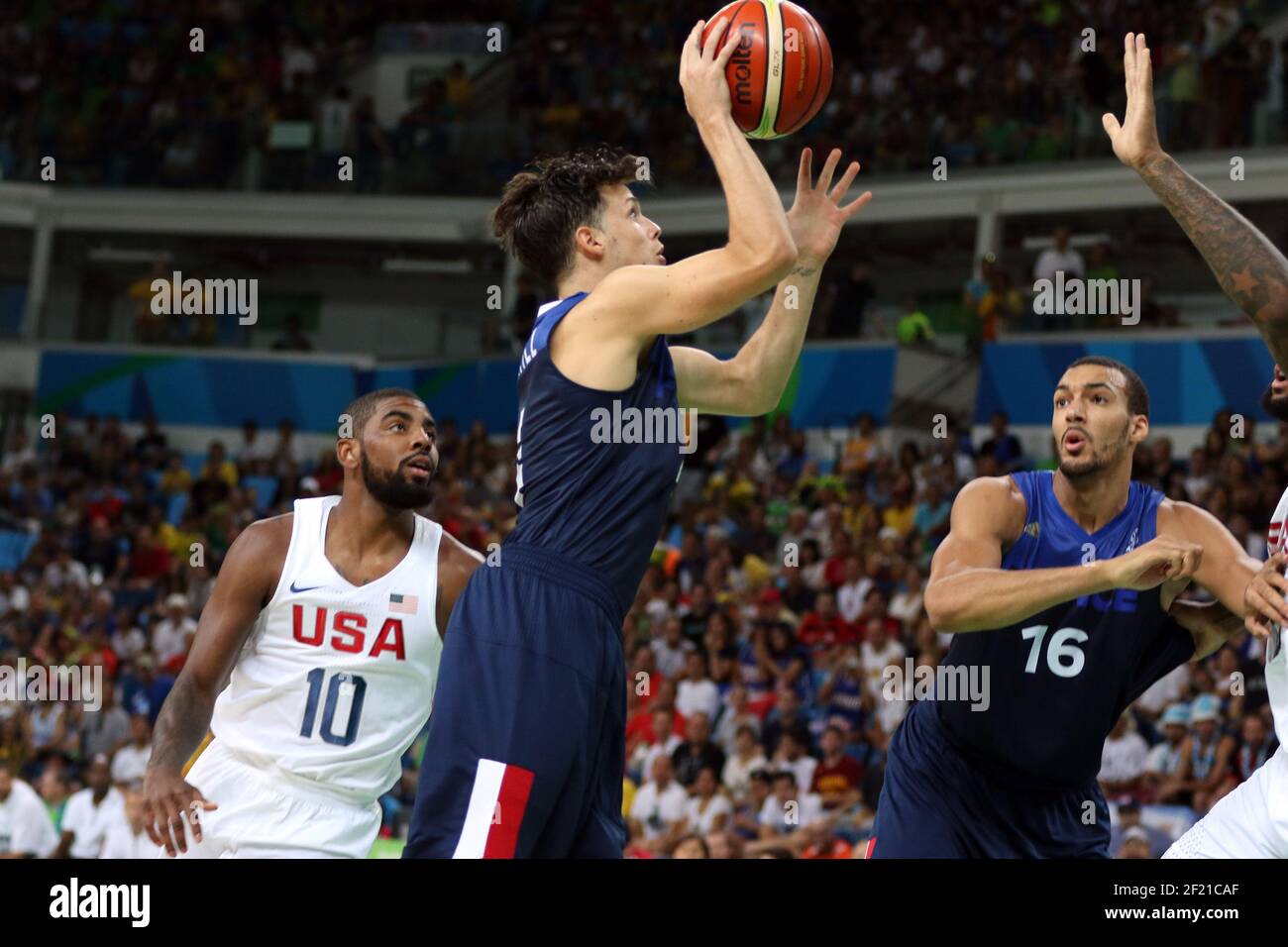 Die französischen Herren Thomas Heurtel und Rudy Gobert Basketball Männer im Einsatz während der Olympischen Spiele RIO 2016, Basketball Men, USA / Frankreich, am 14. August 2016, In Rio, Brasilien - Foto Eddy Lemaistre / KMSP / DPPI Stockfoto