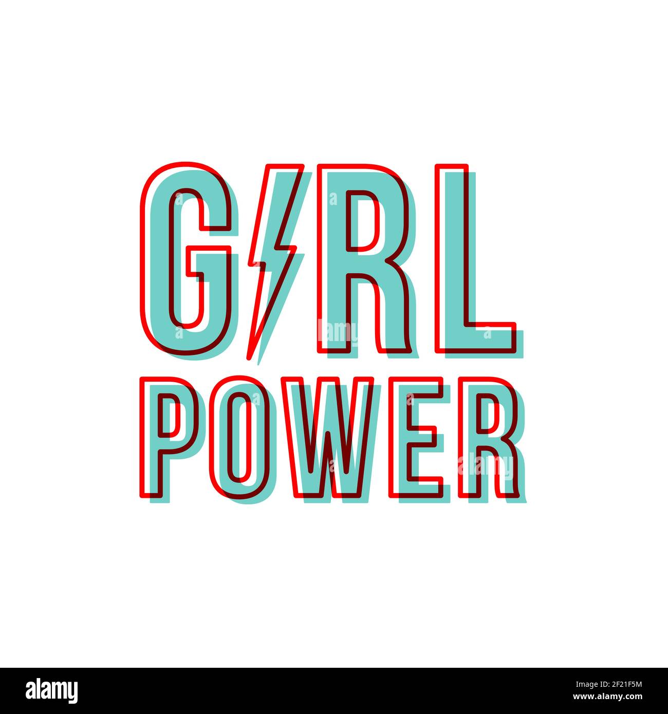 Girl Power mit Donnerkeil. Motivationstrainer. Feministisches Zitat. Roter Umriss. Rot und blau. Vektor-Illustration, flaches Design Stock Vektor