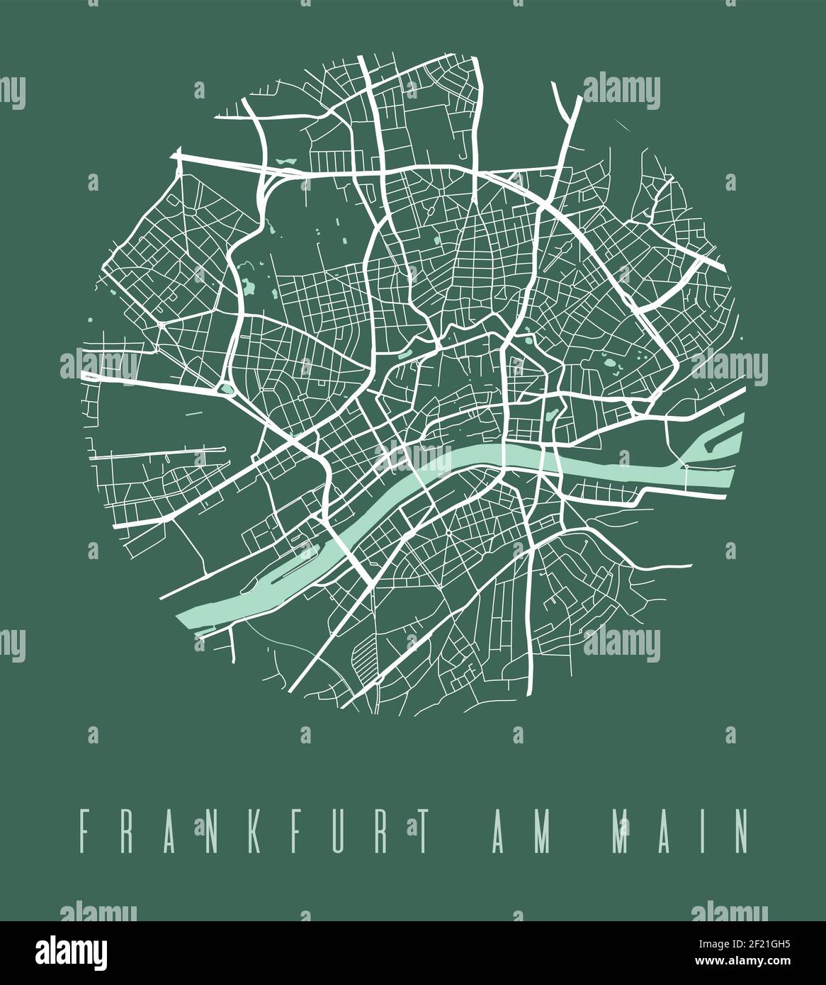 Kartenposter Frankfurt. Dekoratives Design Stadtplan von Frankfurt am Main. Stadtbild ARIA Panorama Silhouette Luftbild, Typografie Stil. Land, Stock Vektor