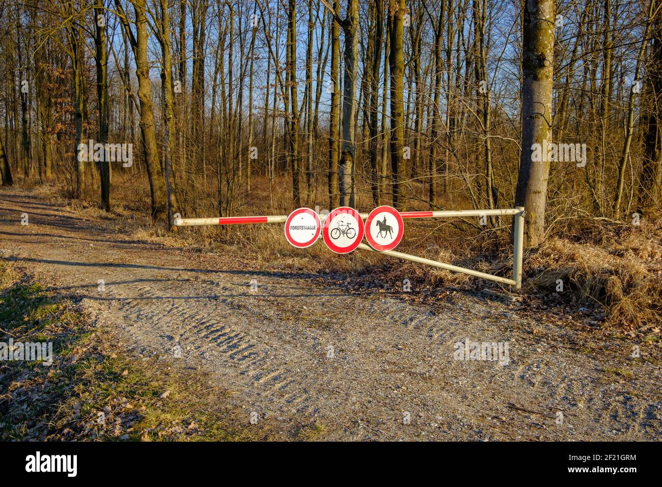 Barriere am Eingang eines Waldes, kein Radfahren, kein Reiten Stockfoto