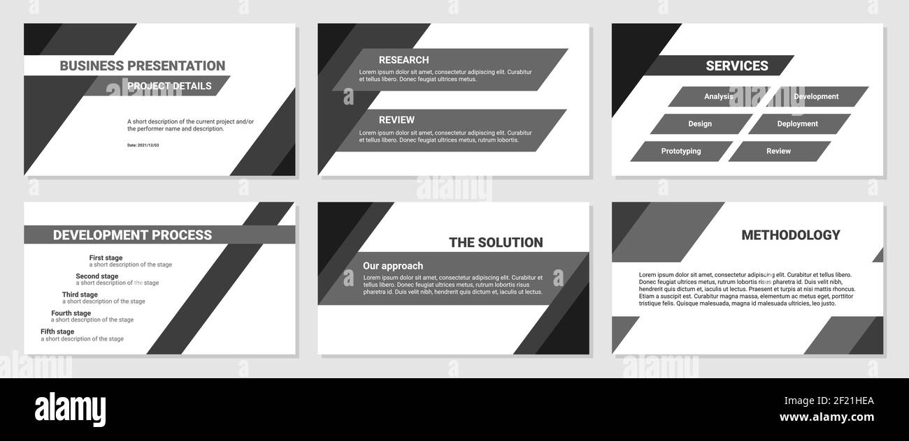 Designvorlage für Geschäftspräsentationen. Entwicklungsprozess, Lösung, Services, Forschung und Überprüfung. Einfache flache schräge Linien, Dreiecke, schwarz und w Stock Vektor