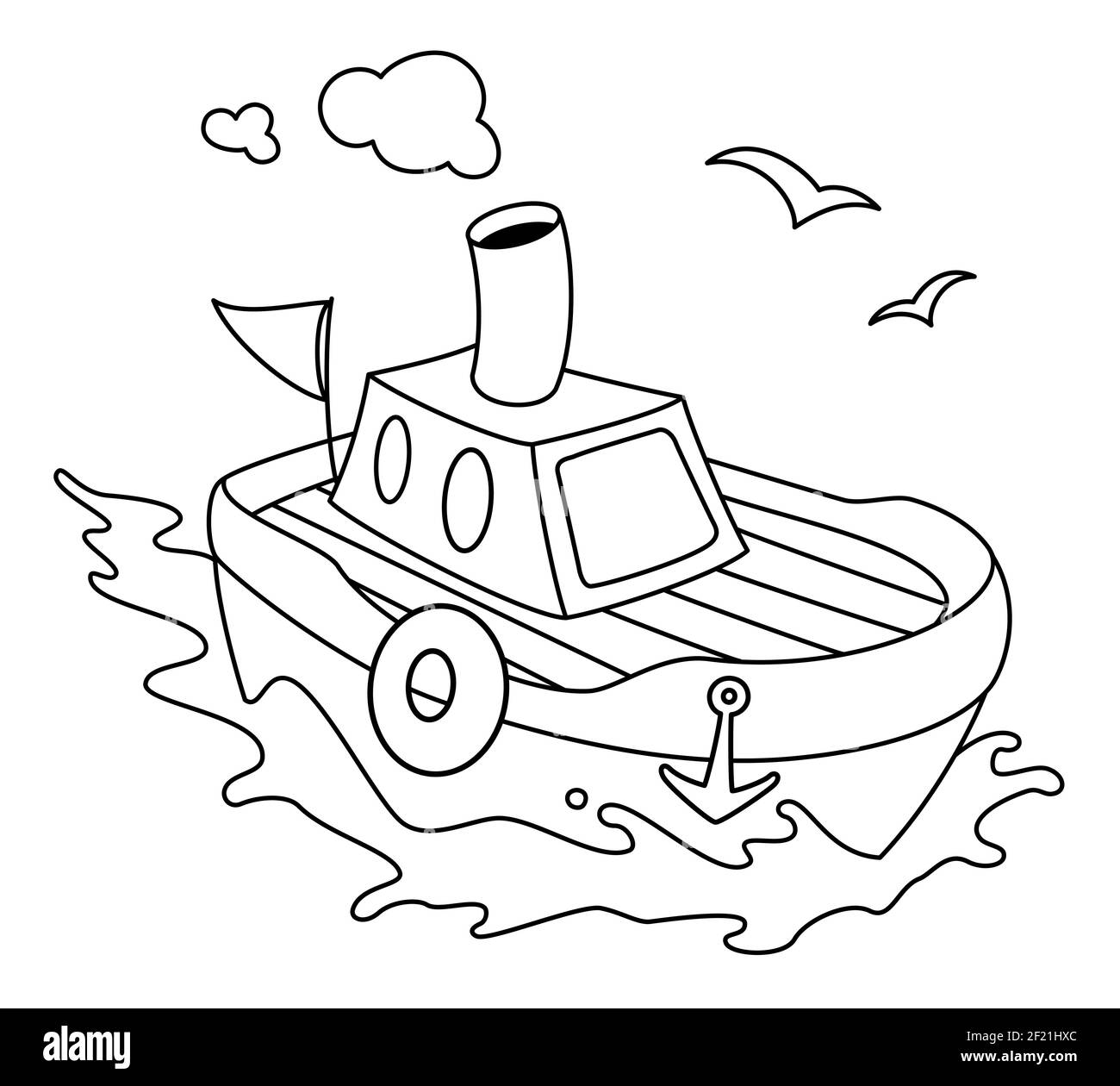 Linie Kunst Kinder Karikatur Illustration eines Bootes auf dem Meer.Vektor Cliparts isoliert auf weißem Hintergrund. Stock Vektor