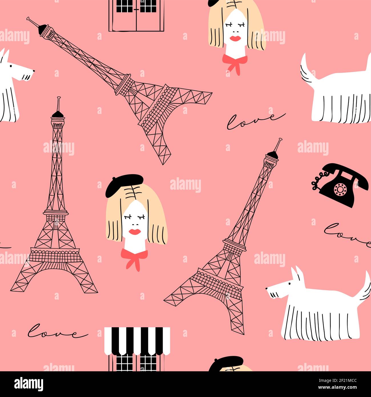 Rosa französisch Frau Cartoon nahtlose Muster. Paris Turm mit Hund Haustier und Liebe Nachricht. Handgezeichnete Dekoration Hintergrund für valentinstag Konzept. R Stock Vektor