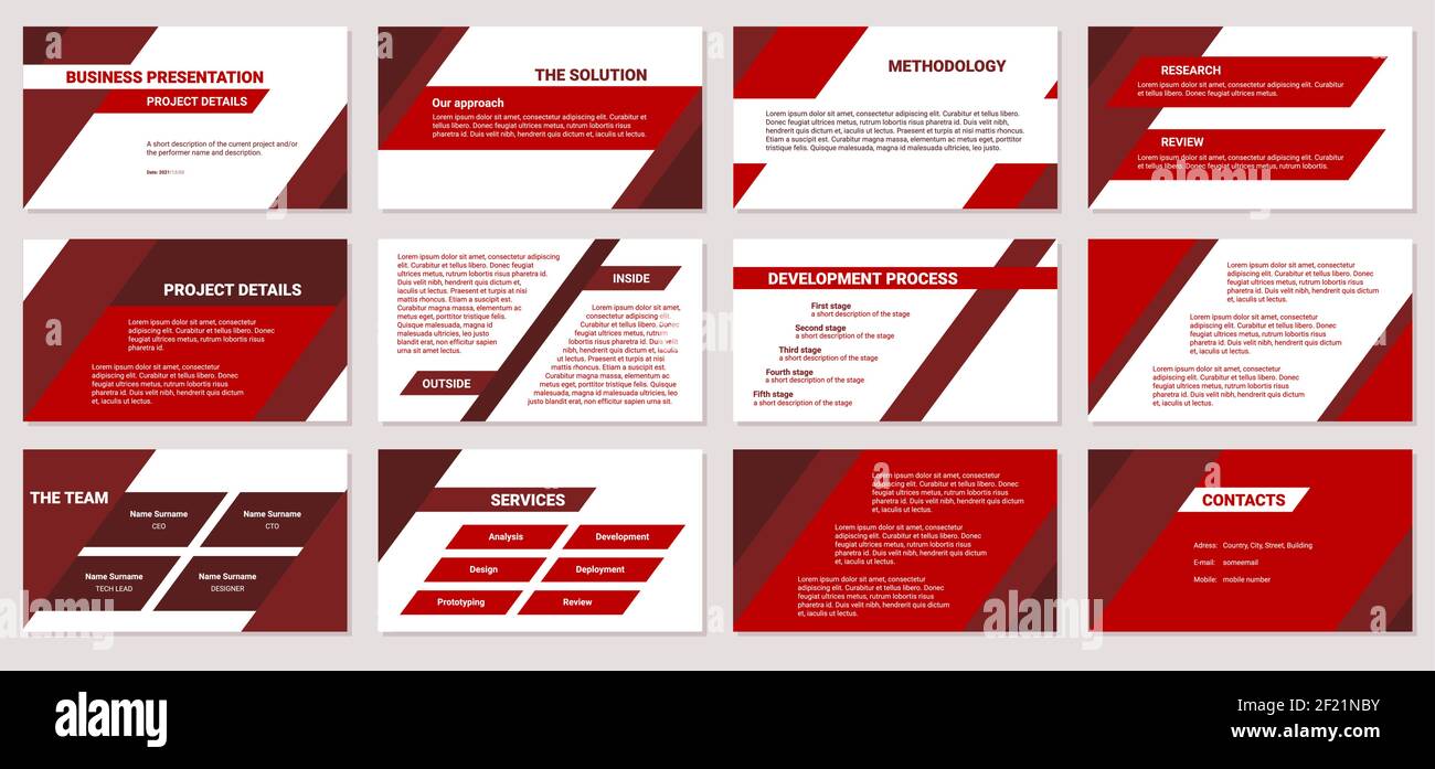 Geschäftspräsentation Design Vorlage powerpoint. Einfache flache schräge Linien, Dreiecke, rote Farbe, 12 Dias. Modernes Unternehmensdokument. Stock Vektor