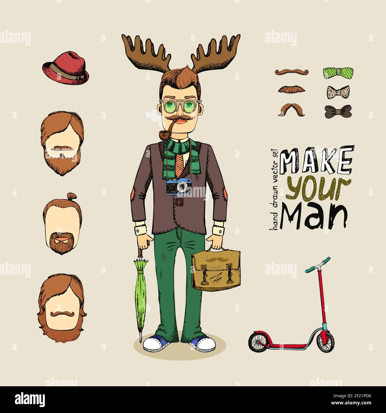 Handgezeichnete Hipster Mann Charakter Set Vektor Illustration Stock Vektor