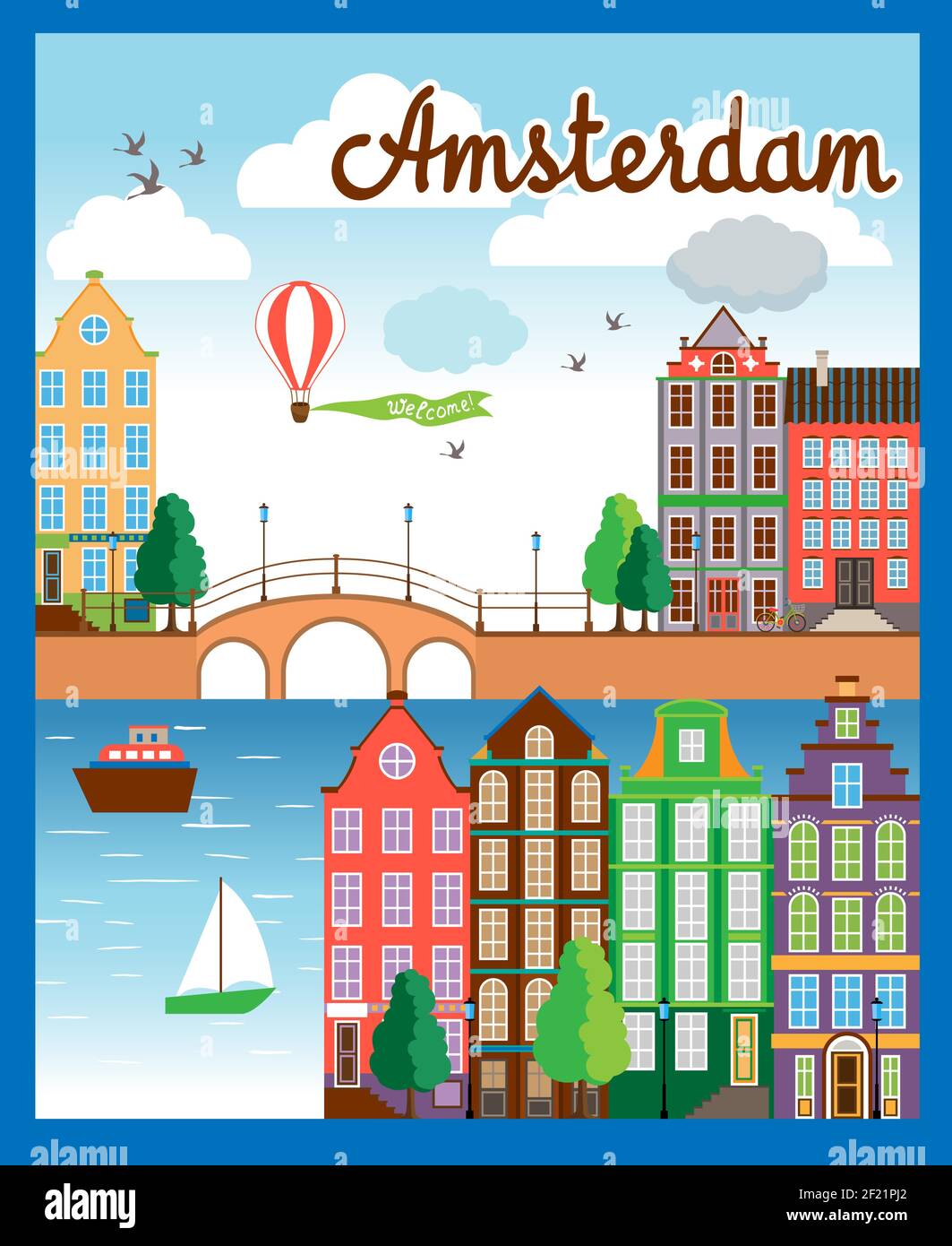 Vektor farbige Cartooned Amsterdam City Hintergrund mit Gebäuden Sea Boats Bridge Air Balloon und Himmel. Stock Vektor