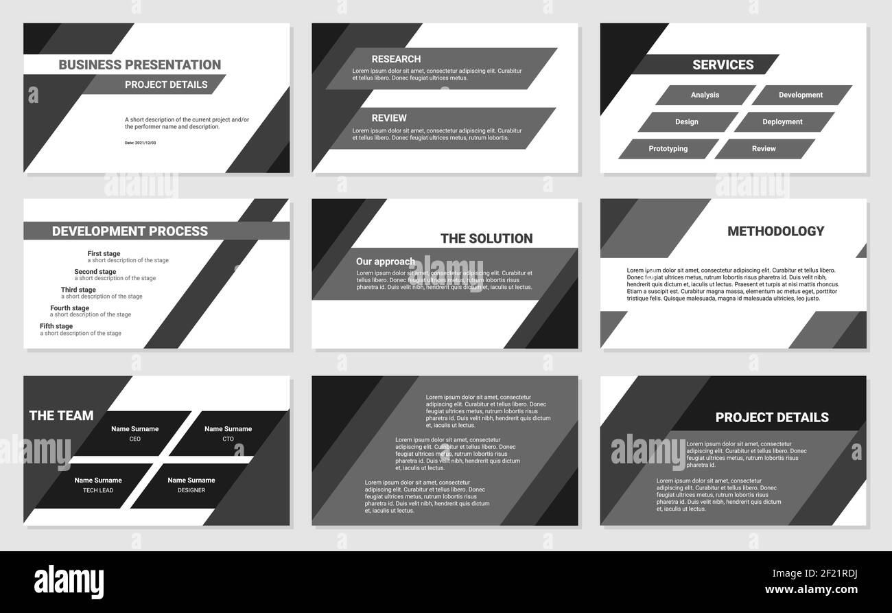 Designvorlage für Geschäftspräsentationen. Entwicklungsprozess, Lösung, Services, Forschung und Überprüfung. Einfache flache schräge Linien, Dreiecke, schwarz und w Stock Vektor