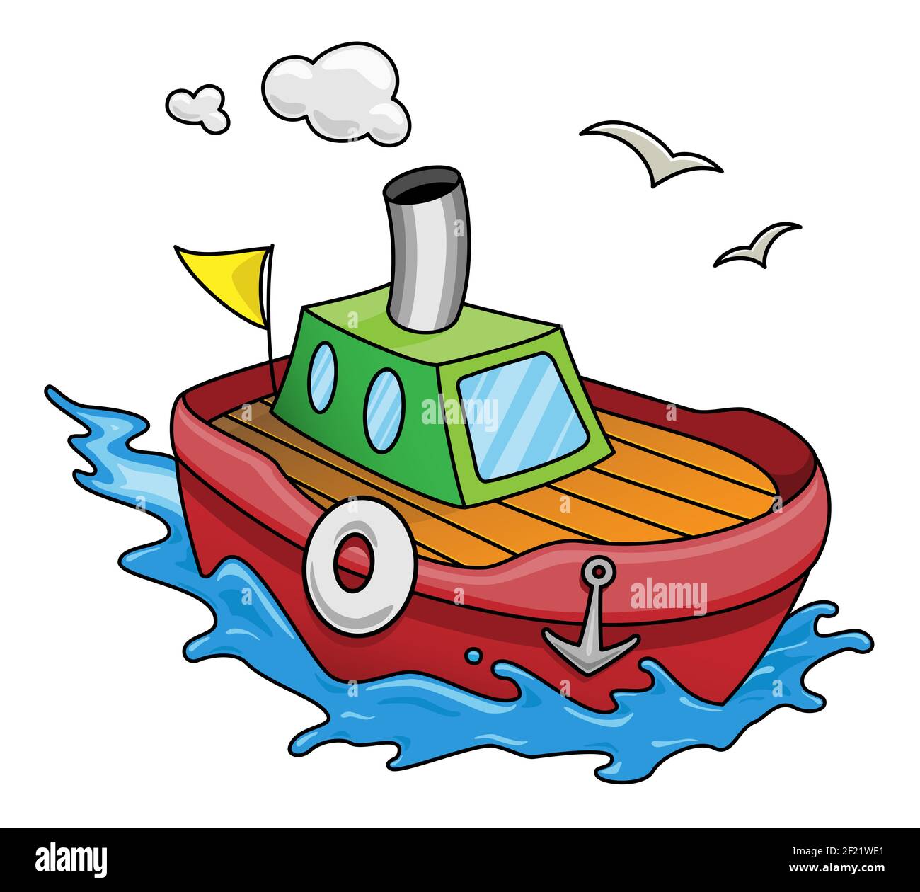 Bunte Kinder Karikatur Illustration eines Bootes auf dem Meer.Vektor Cliparts isoliert auf weißem Hintergrund. Stock Vektor