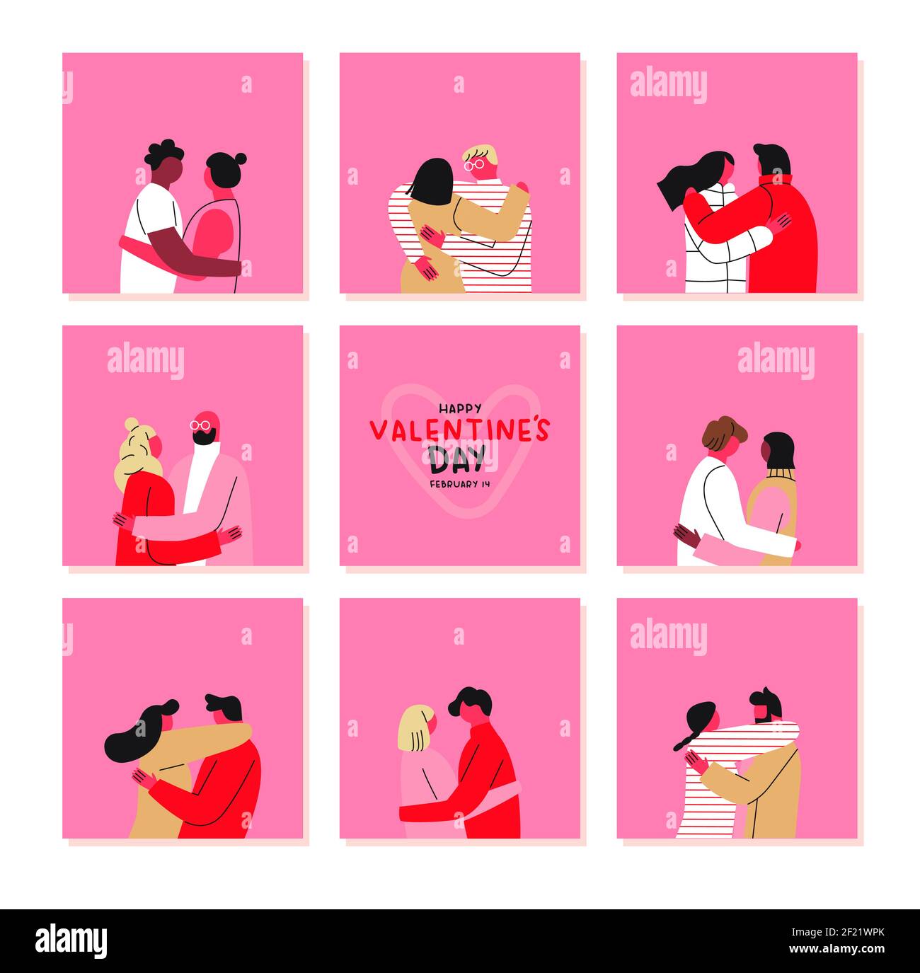 Happy Valentine's Day Grußkarte Set mit handgezeichneten Comic-Paare. Diverse rosa Freund und Freundin paar umarmt zusammen. Februar 14 ho Stock Vektor