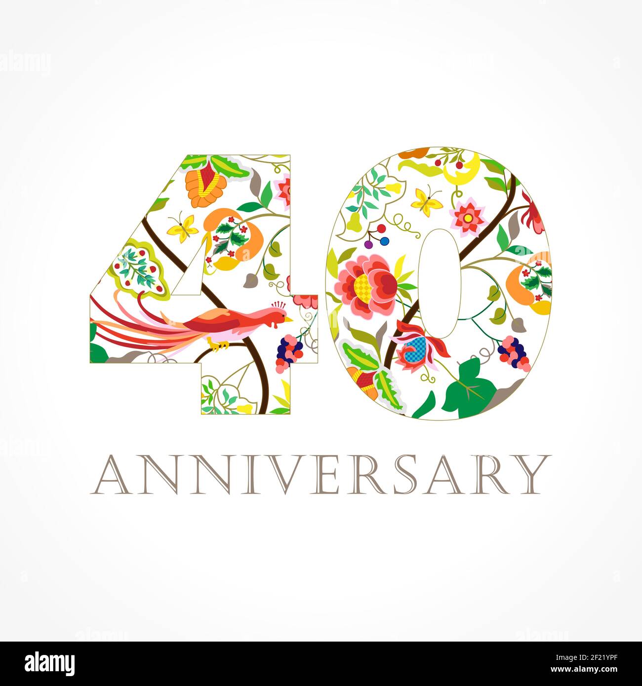 40 Jahre alt luxuriös feiern Folk-Logo. Vorlage farbige 40 th Happy Jahrestag Grüße, Ethnien Blumen, Pflanzen, Paradies Vögel. Satz trad Stock Vektor