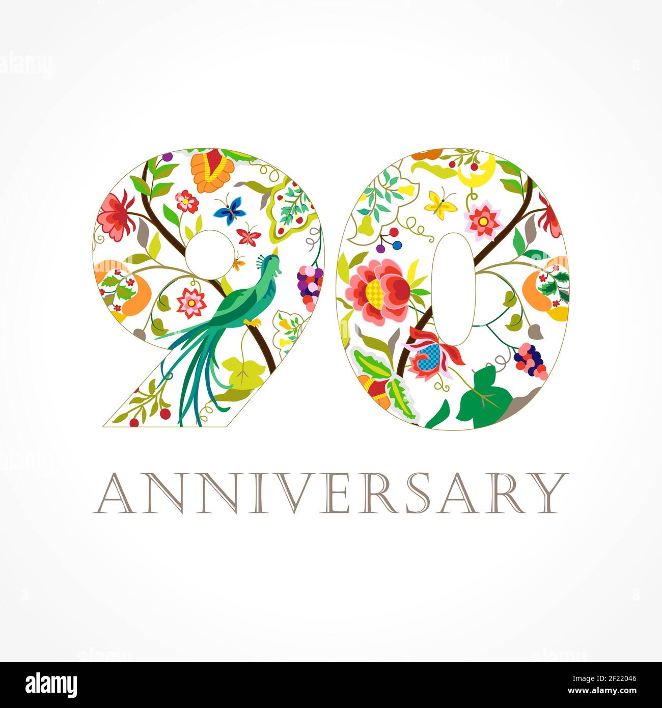 90 Jahre alt luxuriös feiern Folk-Logo. Vorlage farbige 90 th Happy Jahrestag Grüße, Ethnien Blumen, Pflanzen, Paradies Vögel. Satz trad Stock Vektor