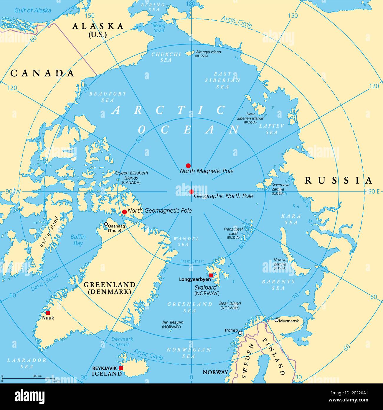 Geographische Lage des Nordpols der Erde, politische Karte. Magnetischer, geomagnetischer und geographischer Nordpol. Karte des Arktischen Ozeans. Stockfoto