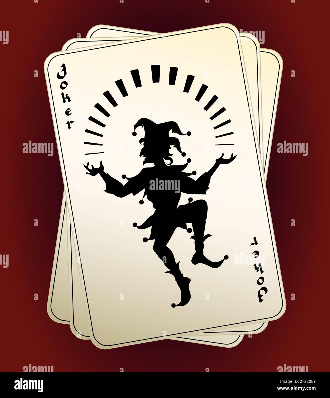 Schwarzer Vektor Joker Silhouette auf einer Hand oder Deck von Spielkarten, die als höchste trumpf oder Wild Card bezeichnet werden Konzept von einem Casino Glücksspiel und lu Stock Vektor
