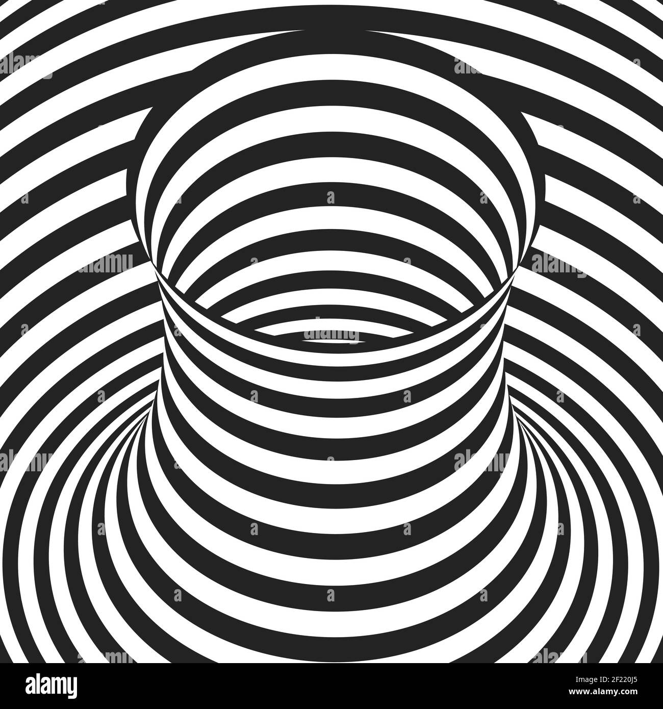 Abstrakte schwarz-weiße konzentrische Streifen. Optischer Illusion-Effekt. Hypnotischer Kunsthintergrund. Stock Vektor