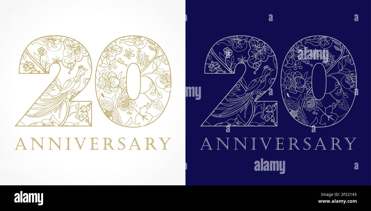 Kreatives Logo Konzept des 20th-jährigen Jubiläums in ethnischen Mustern und Paradiesvögeln. Isolierte abstrakte Grafik-Design-Vorlage. Top-20-Schild. Stock Vektor