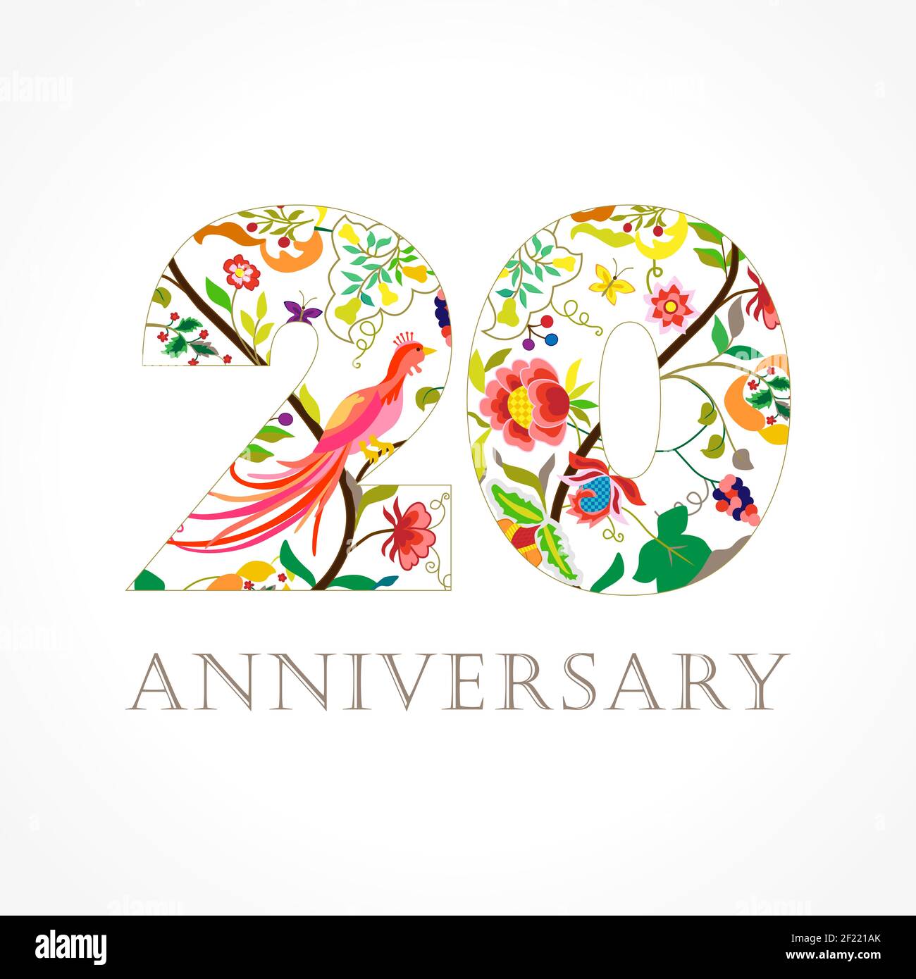20 Jahre alt luxuriös feiern Folk-Logo. Vorlage farbige 20 th Happy Jahrestag Grüße, Ethnien Blumen, Pflanzen, Paradies Vögel. Satz trad Stock Vektor